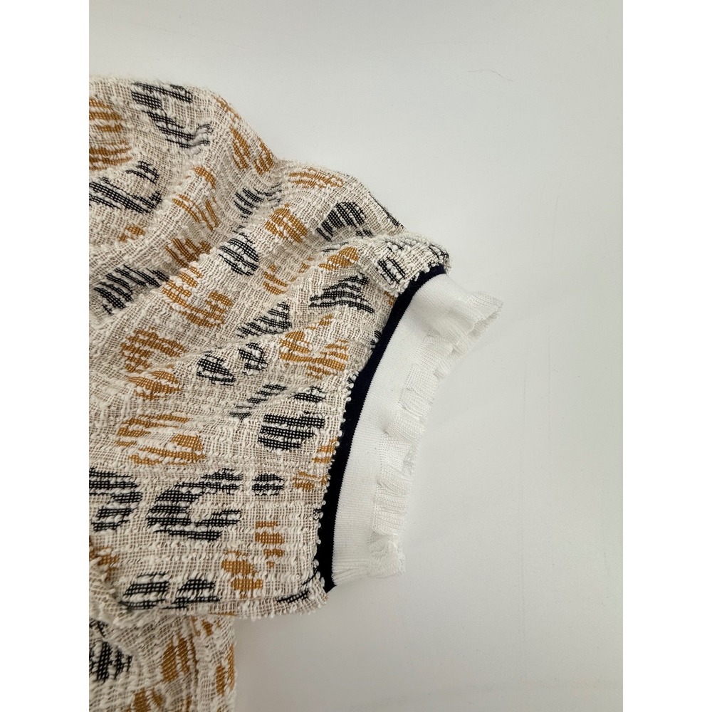 VOY Women Animal Print Puff Sleeve Top Ruffle Trim Crew Neck Tan Black M NWT - Picture 6 of 7